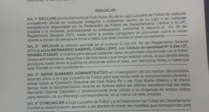 UFI excluye a Rubio Ñu de la Liga Luqueña y suspende a Gabriel Caballero